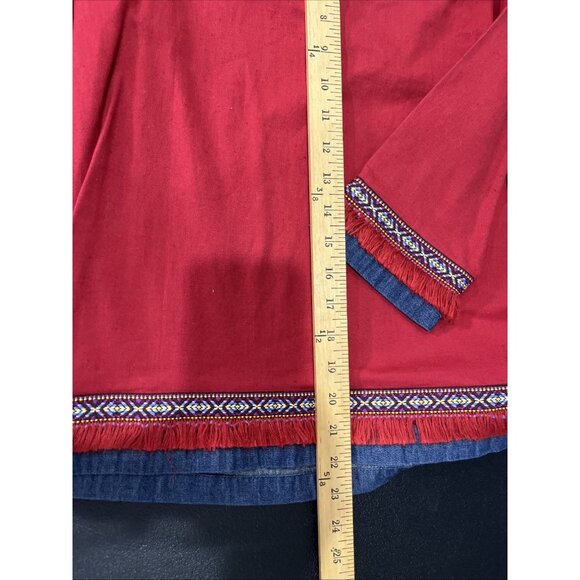 Casey and Max Top Womens S Red Tunic Linen Denim Frayed Trim V Neck Boho Western - Picture 5 of 5
